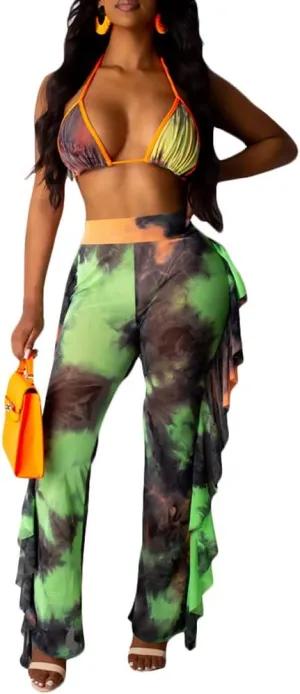 Ophestin Womens Sexy Halter Sheer Bikini Ruffle Long Pants Set 2 Piece Swimsuit