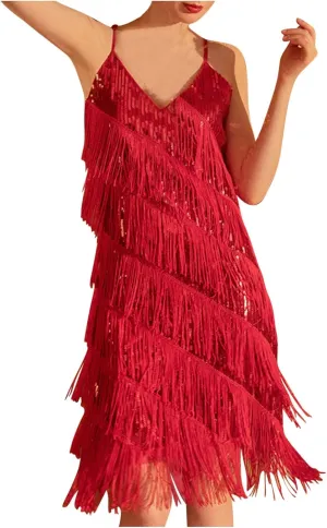 Oplxuo Cocktail Dresses for Women Sexy Deep V-Neck All-Over Fringe Spaghetti Straps Dress Sequins Feather Prom Party Dress