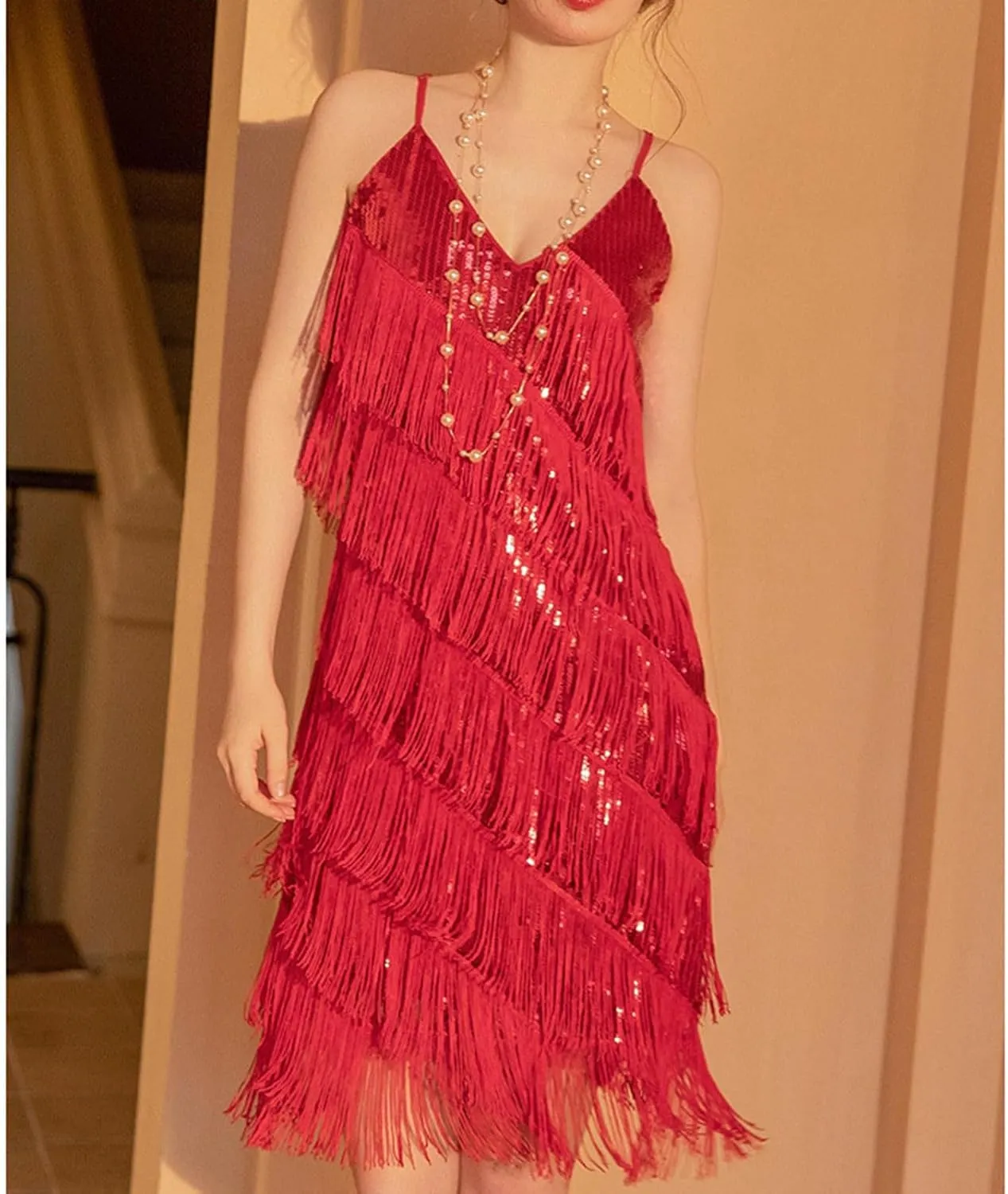 Oplxuo Cocktail Dresses for Women Sexy Deep V-Neck All-Over Fringe Spaghetti Straps Dress Sequins Feather Prom Party Dress