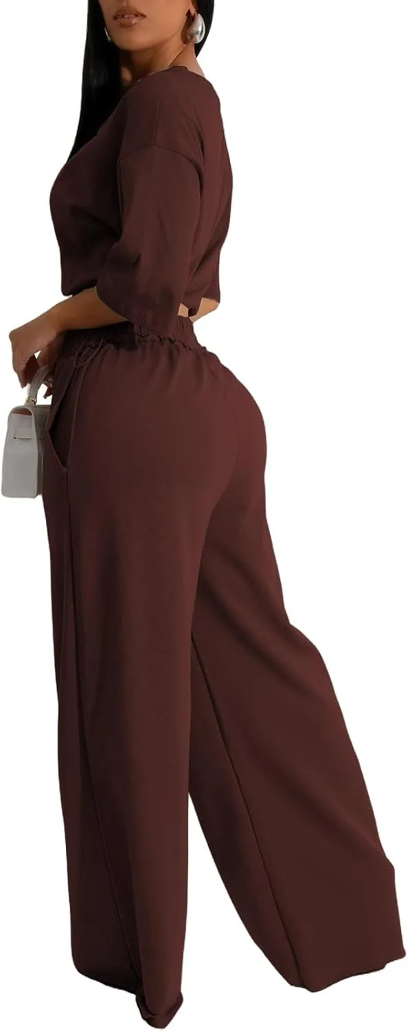 Outfits for Women 2 Piece Sets Casual Tracksuit Short Sleeve Drawstring Crop Top High Waist Wide Leg Long Pants Set