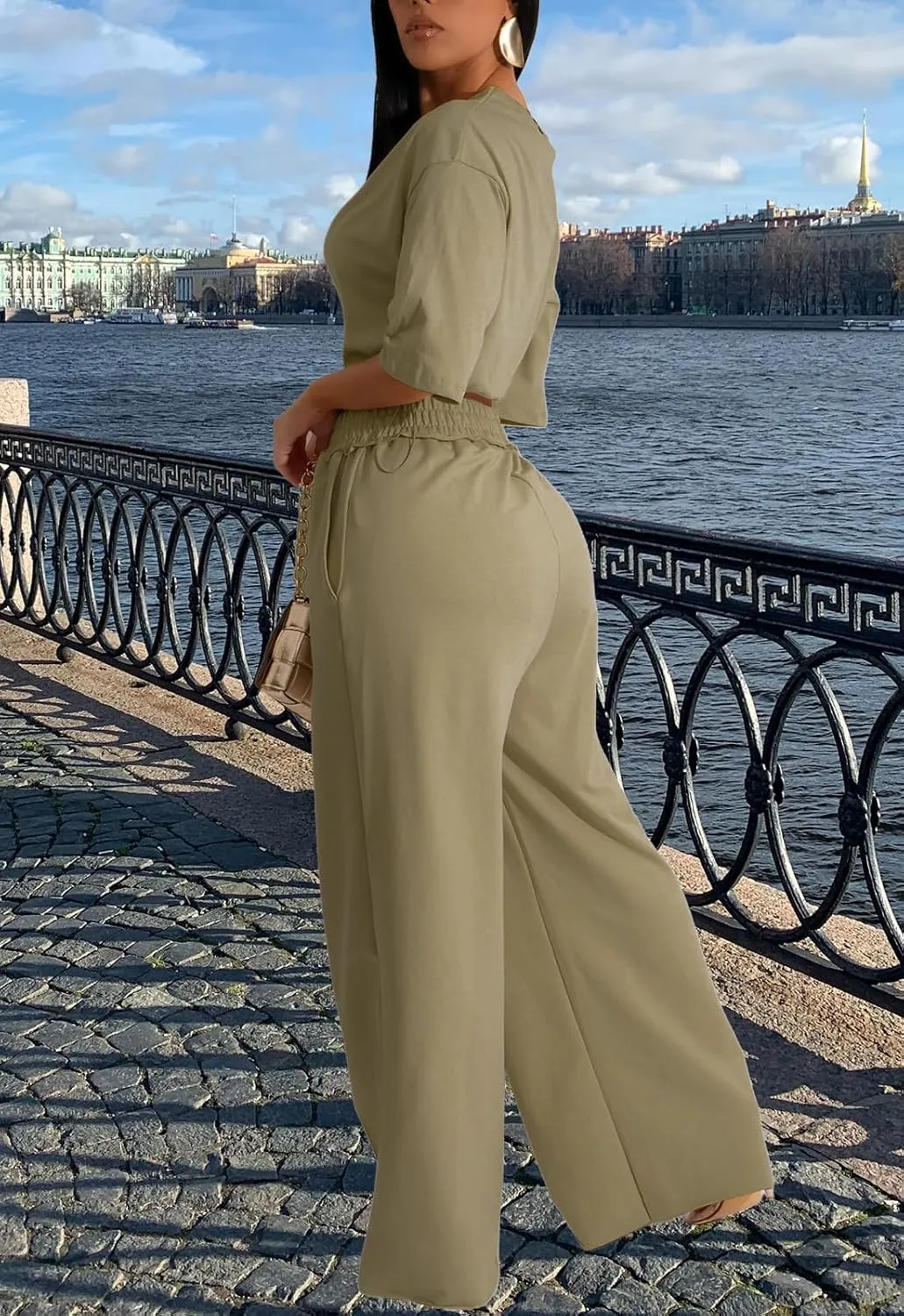 Outfits for Women 2 Piece Sets Casual Tracksuit Short Sleeve Drawstring Crop Top High Waist Wide Leg Long Pants Set