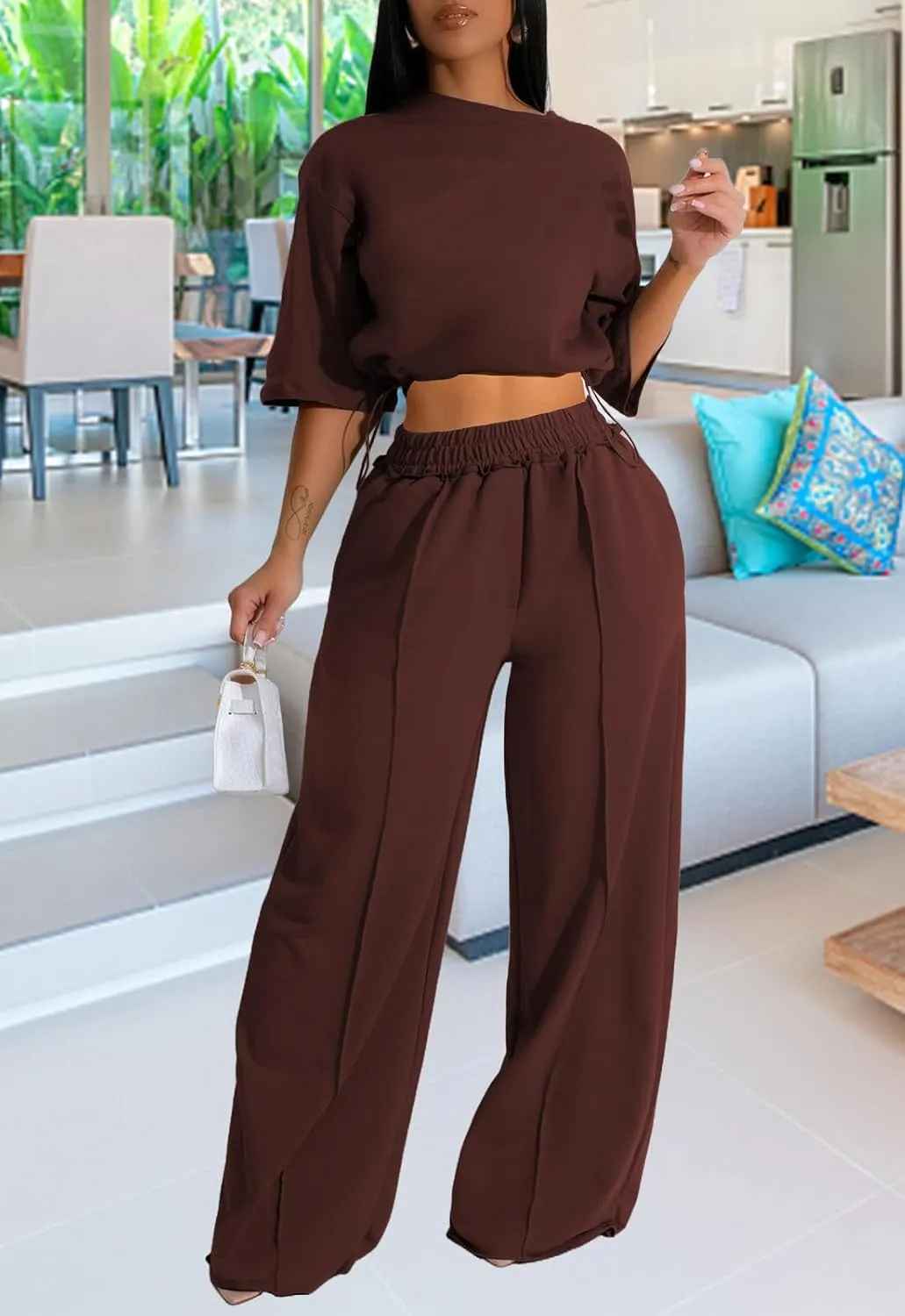 Outfits for Women 2 Piece Sets Casual Tracksuit Short Sleeve Drawstring Crop Top High Waist Wide Leg Long Pants Set