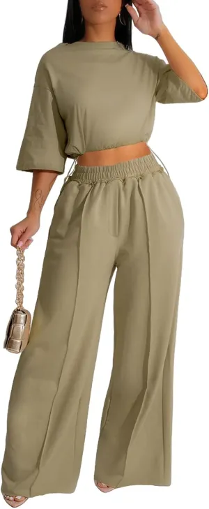 Outfits for Women 2 Piece Sets Casual Tracksuit Short Sleeve Drawstring Crop Top High Waist Wide Leg Long Pants Set