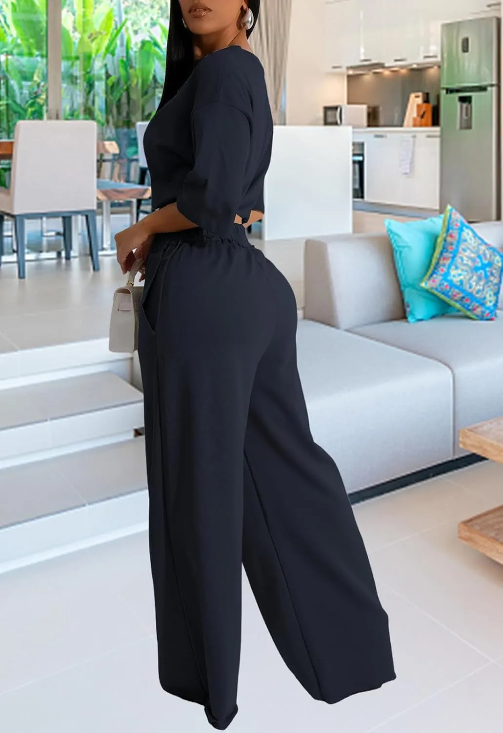 Outfits for Women 2 Piece Sets Casual Tracksuit Short Sleeve Drawstring Crop Top High Waist Wide Leg Long Pants Set