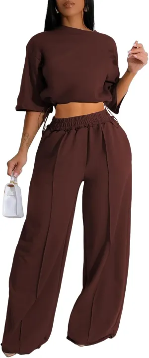 Outfits for Women 2 Piece Sets Casual Tracksuit Short Sleeve Drawstring Crop Top High Waist Wide Leg Long Pants Set