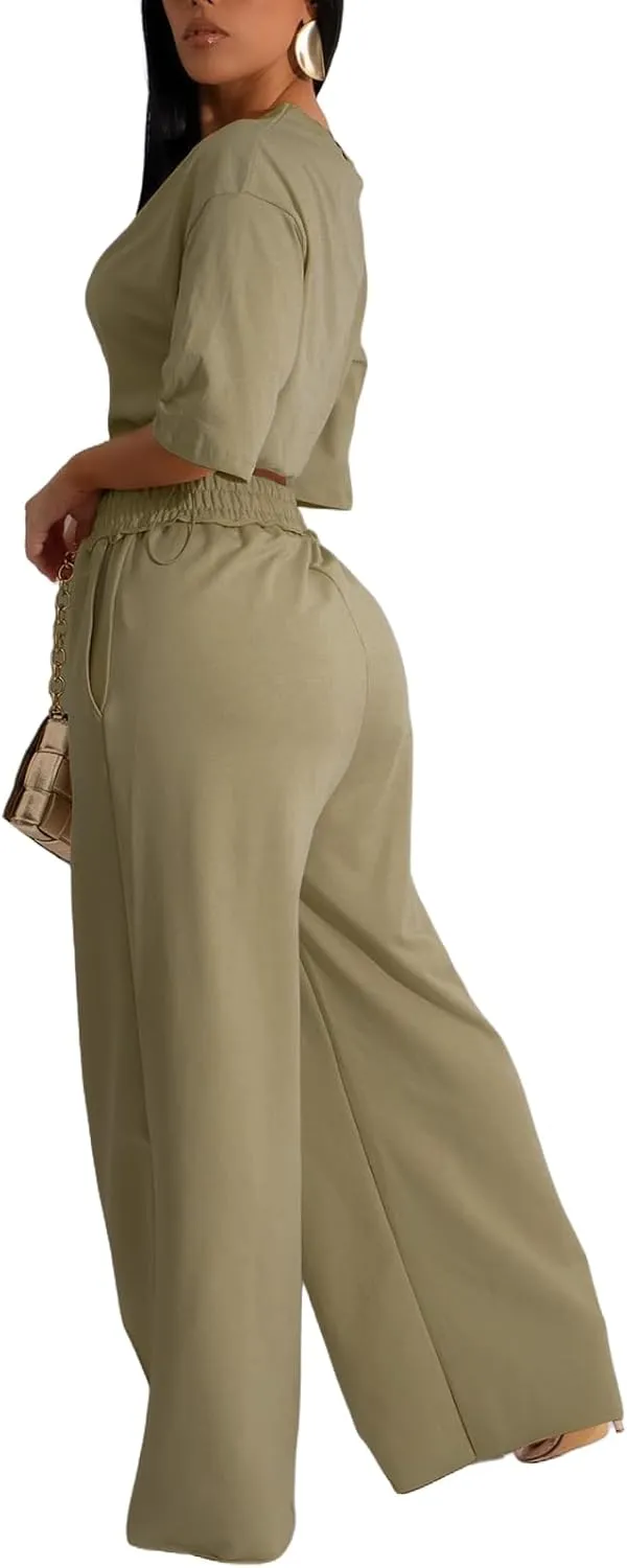 Outfits for Women 2 Piece Sets Casual Tracksuit Short Sleeve Drawstring Crop Top High Waist Wide Leg Long Pants Set