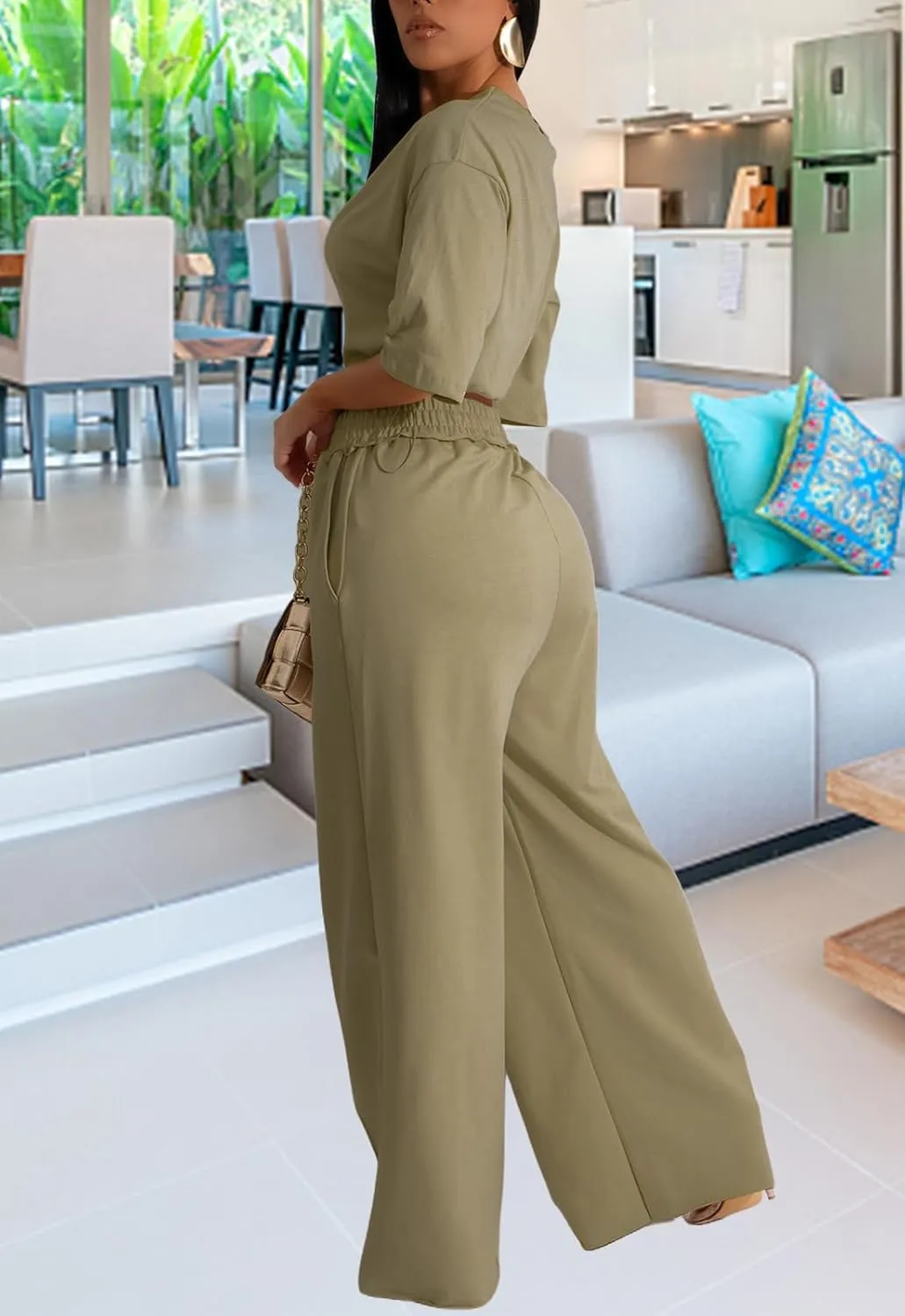 Outfits for Women 2 Piece Sets Casual Tracksuit Short Sleeve Drawstring Crop Top High Waist Wide Leg Long Pants Set