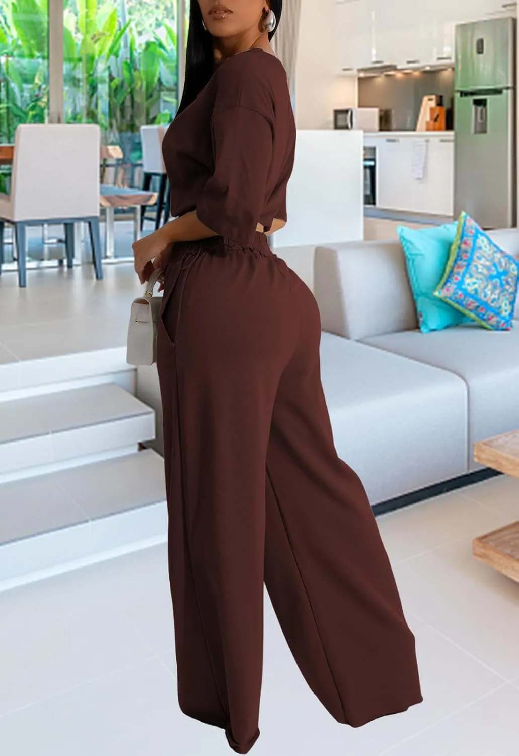 Outfits for Women 2 Piece Sets Casual Tracksuit Short Sleeve Drawstring Crop Top High Waist Wide Leg Long Pants Set