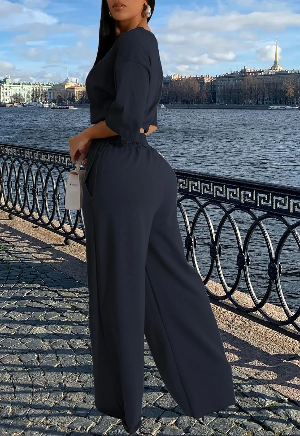 Outfits for Women 2 Piece Sets Casual Tracksuit Short Sleeve Drawstring Crop Top High Waist Wide Leg Long Pants Set
