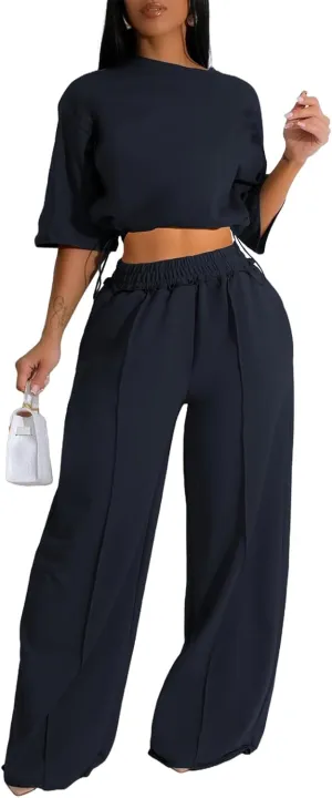Outfits for Women 2 Piece Sets Casual Tracksuit Short Sleeve Drawstring Crop Top High Waist Wide Leg Long Pants Set