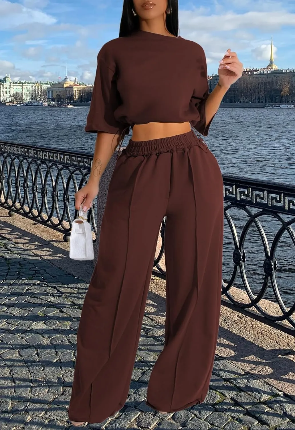 Outfits for Women 2 Piece Sets Casual Tracksuit Short Sleeve Drawstring Crop Top High Waist Wide Leg Long Pants Set