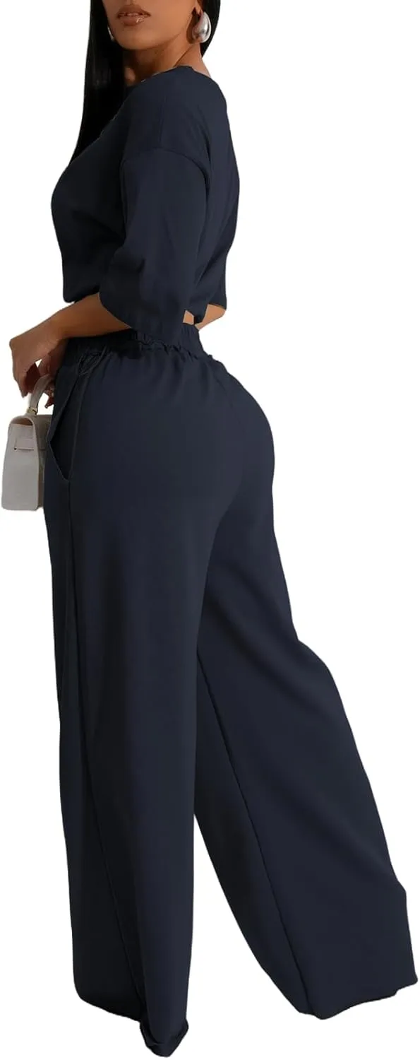 Outfits for Women 2 Piece Sets Casual Tracksuit Short Sleeve Drawstring Crop Top High Waist Wide Leg Long Pants Set