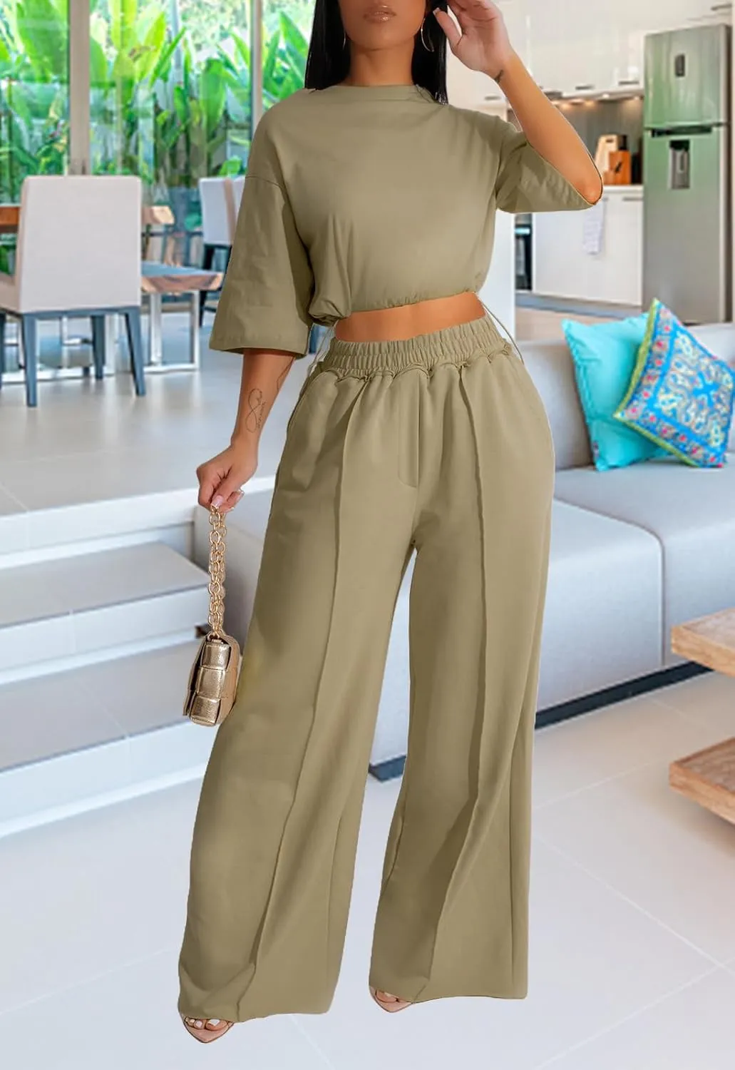 Outfits for Women 2 Piece Sets Casual Tracksuit Short Sleeve Drawstring Crop Top High Waist Wide Leg Long Pants Set