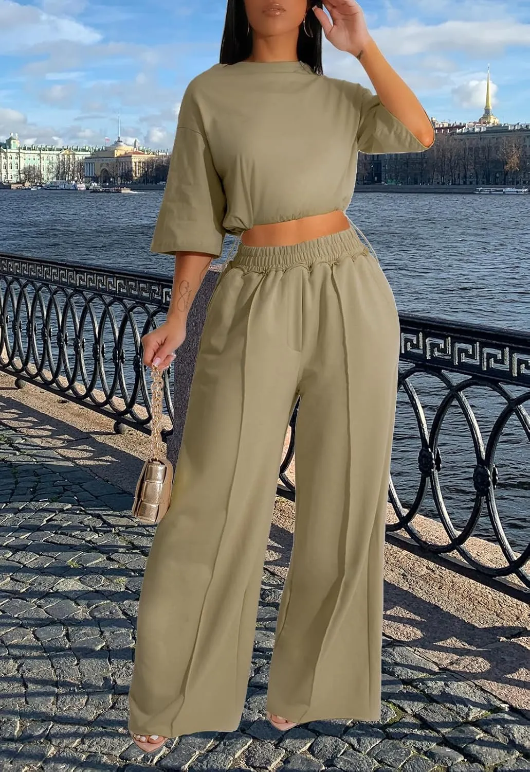 Outfits for Women 2 Piece Sets Casual Tracksuit Short Sleeve Drawstring Crop Top High Waist Wide Leg Long Pants Set