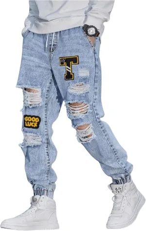 OYOANGLE Men's Cargo Joggers Pants Letter Patched Ripped Jeans Elastic Drawstring Waist Distressed Denim Pants
