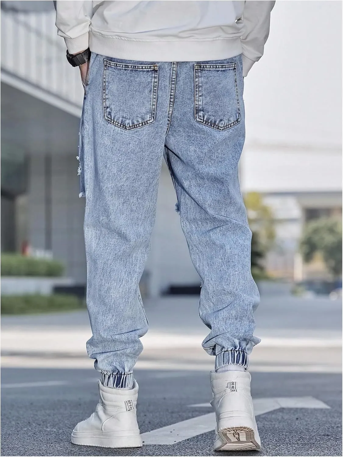 OYOANGLE Men's Cargo Joggers Pants Letter Patched Ripped Jeans Elastic Drawstring Waist Distressed Denim Pants