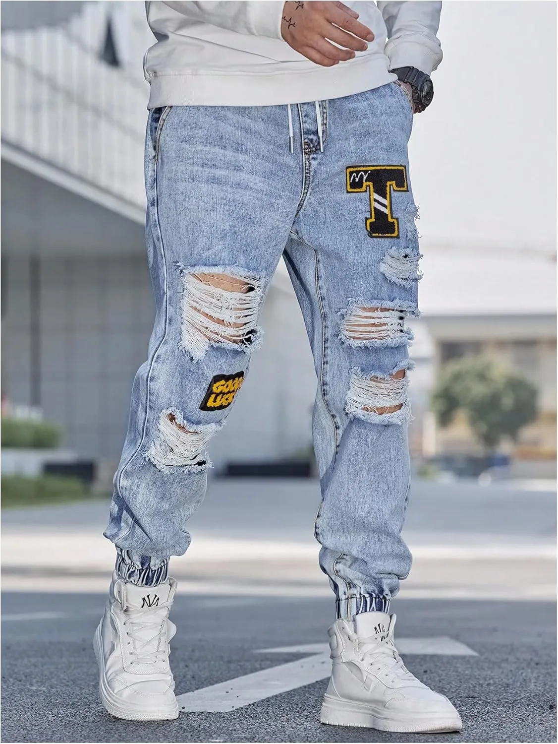 OYOANGLE Men's Cargo Joggers Pants Letter Patched Ripped Jeans Elastic Drawstring Waist Distressed Denim Pants