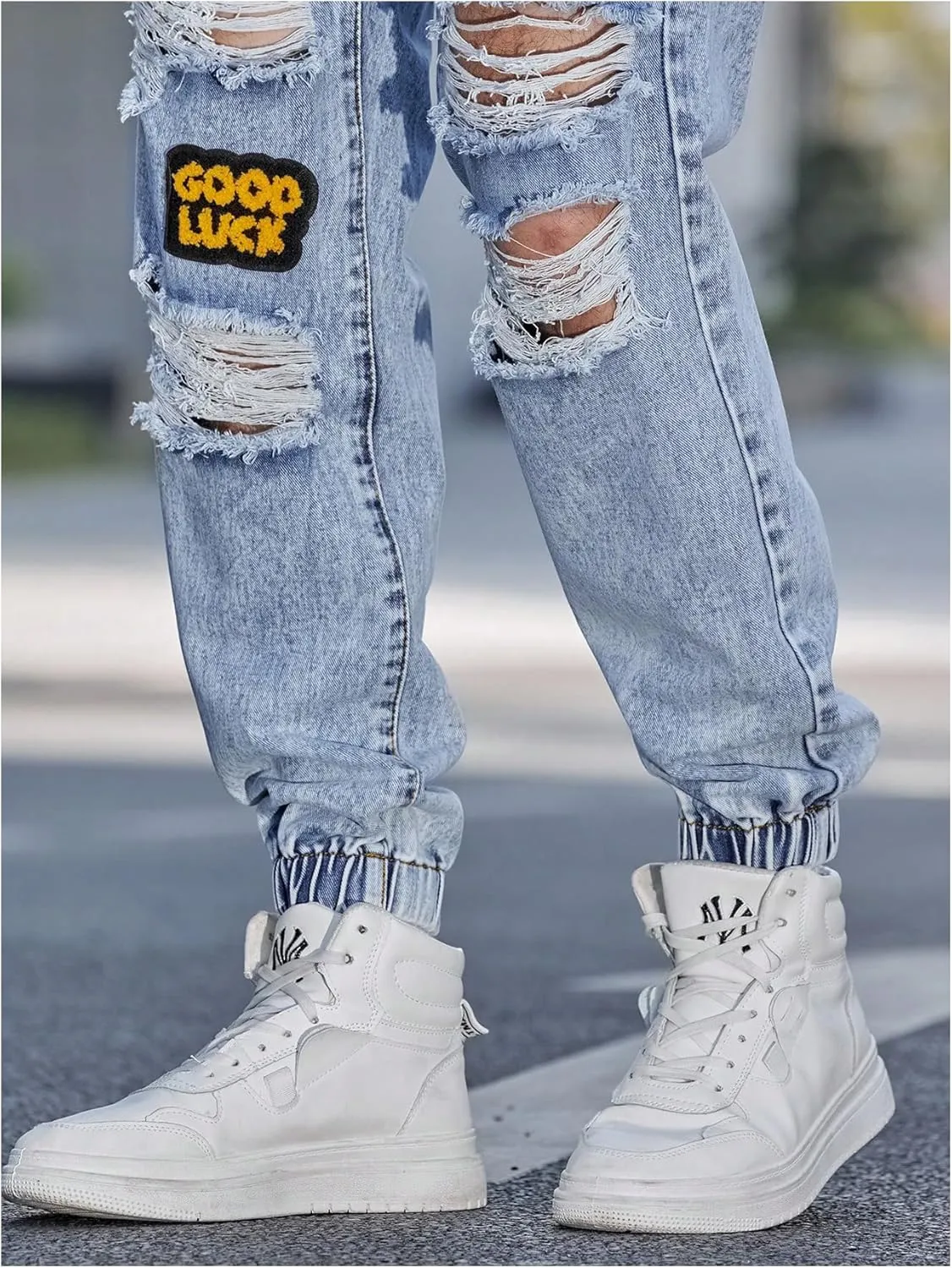 OYOANGLE Men's Cargo Joggers Pants Letter Patched Ripped Jeans Elastic Drawstring Waist Distressed Denim Pants