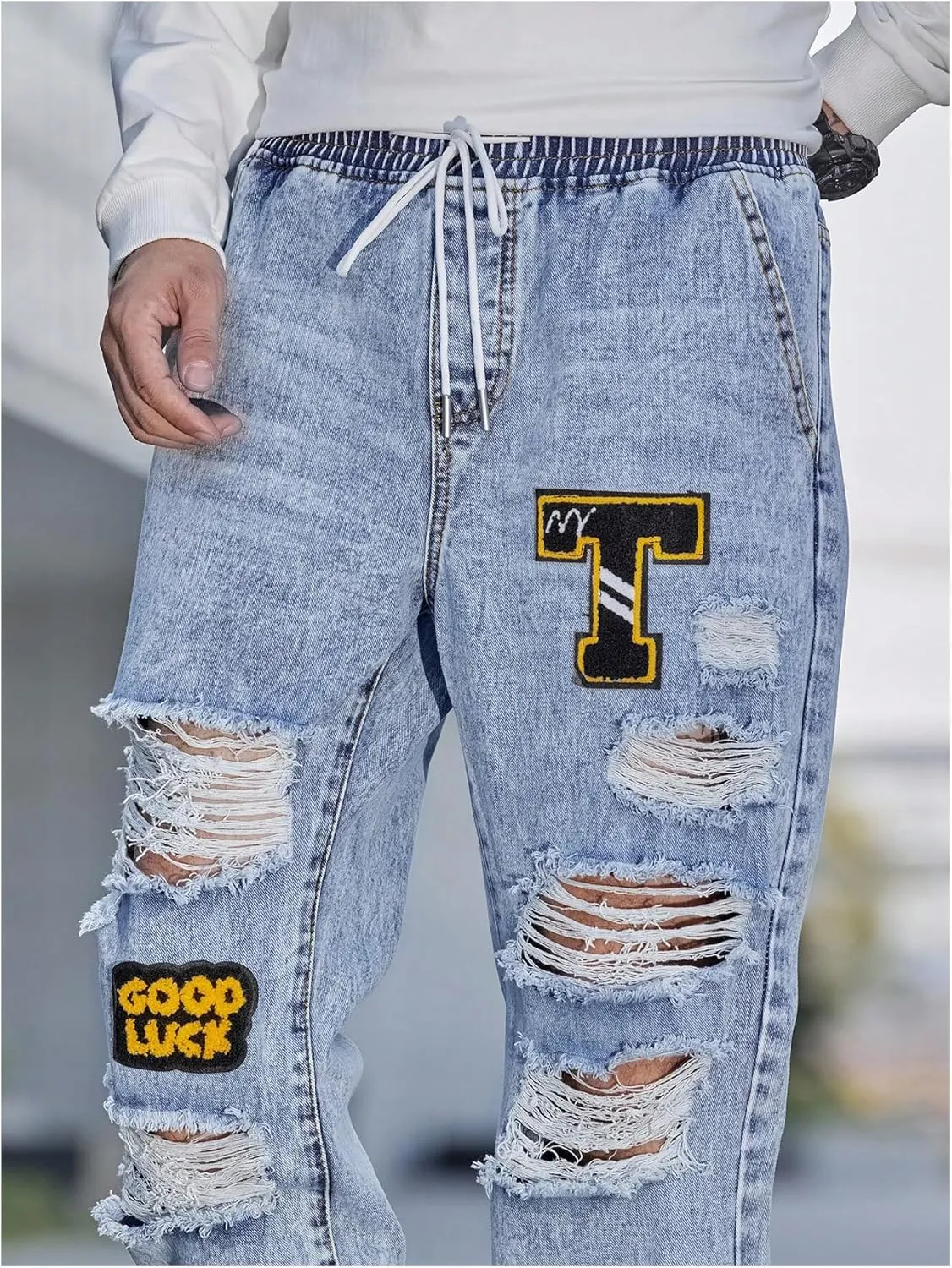 OYOANGLE Men's Cargo Joggers Pants Letter Patched Ripped Jeans Elastic Drawstring Waist Distressed Denim Pants