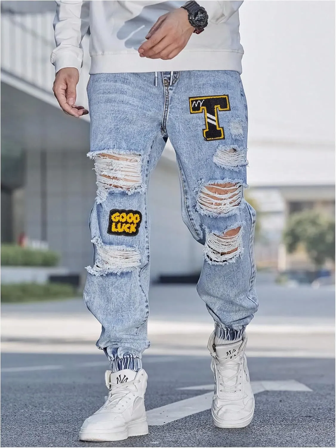 OYOANGLE Men's Cargo Joggers Pants Letter Patched Ripped Jeans Elastic Drawstring Waist Distressed Denim Pants