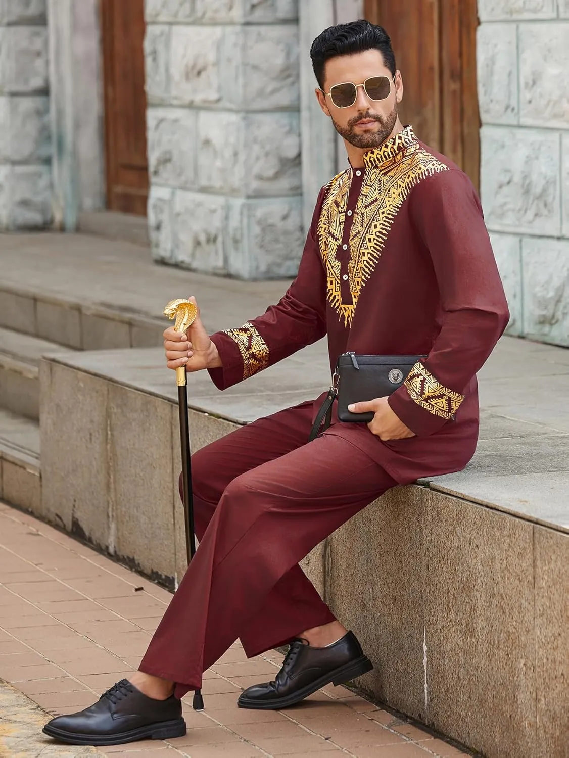 Pacinoble Mens African 2 Piece Set Metallic Traditional Suit Floral Printed Mens African Dashiki Shirt and Pants Outfit