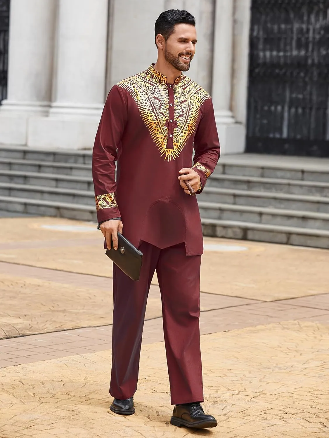 Pacinoble Mens African 2 Piece Set Metallic Traditional Suit Floral Printed Mens African Dashiki Shirt and Pants Outfit