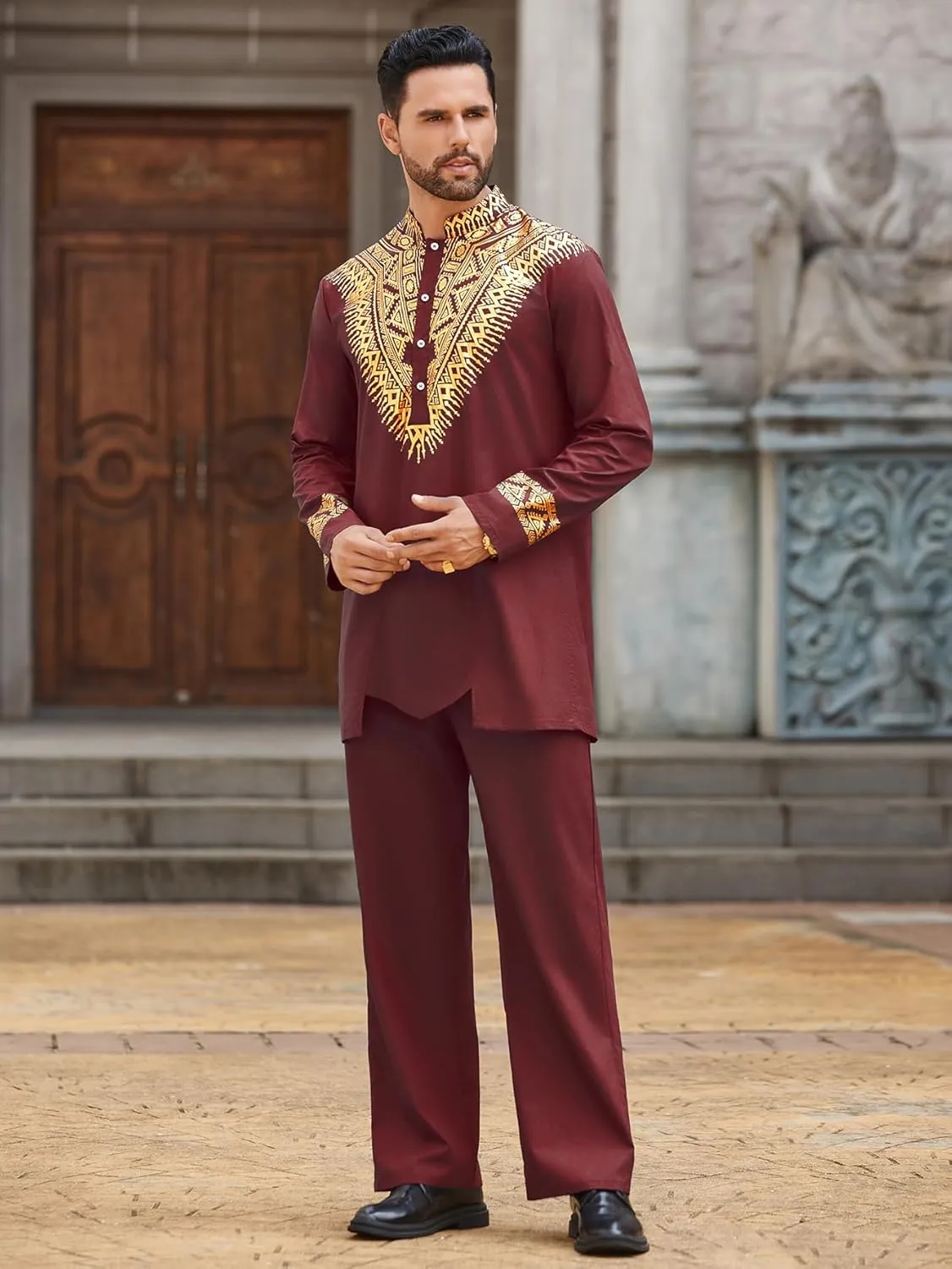 Pacinoble Mens African 2 Piece Set Metallic Traditional Suit Floral Printed Mens African Dashiki Shirt and Pants Outfit