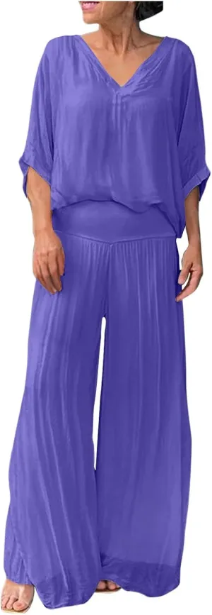 Pant Suits for Women Dressy Casual Chiffon Tops Wide Leg Pant Sets 2 Pieces Formal Pant Suits Wedding Guest Outfit