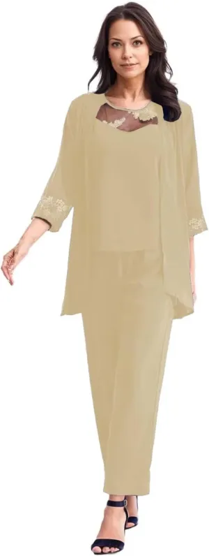 Pant Suits Mother of The Bride 3 Pieces Chiffon Formal Outfits Long Sleeve Sequin Wedding Evening Gowns