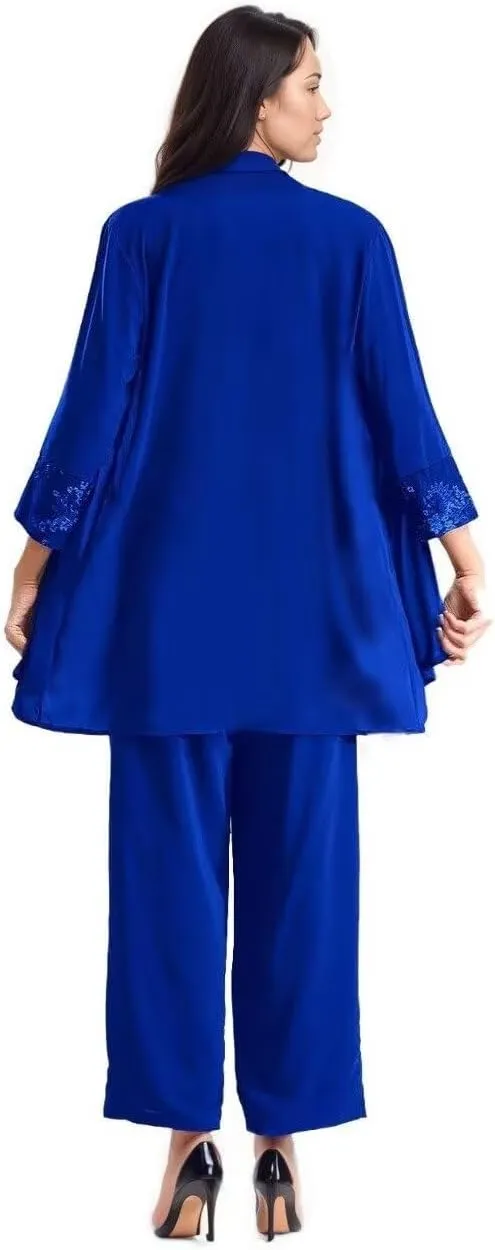 Pant Suits Mother of The Bride 3 Pieces Chiffon Formal Outfits Long Sleeve Sequin Wedding Evening Gowns