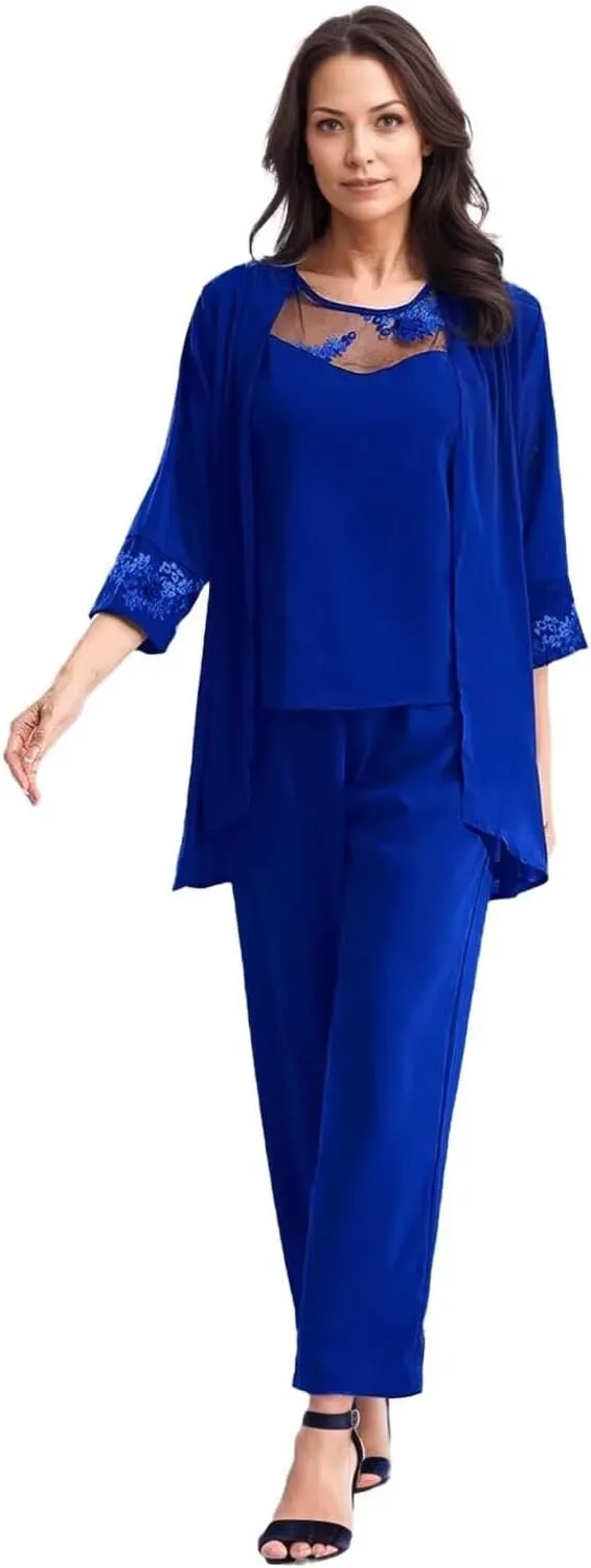 Pant Suits Mother of The Bride 3 Pieces Chiffon Formal Outfits Long Sleeve Sequin Wedding Evening Gowns