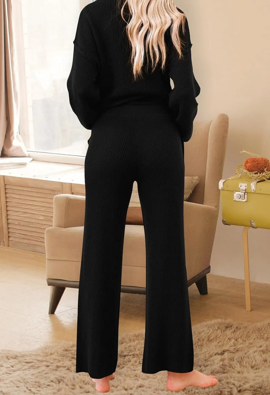 Pink Queen Women's 2 Piece Outfit Sweater Set Long Sleeve Button Knit Pullover Top Wide Leg Pants Pocket Sweatsuit