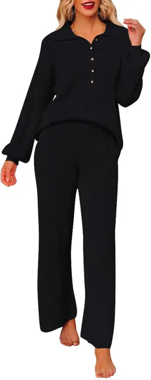 Pink Queen Women's 2 Piece Outfit Sweater Set Long Sleeve Button Knit Pullover Top Wide Leg Pants Pocket Sweatsuit
