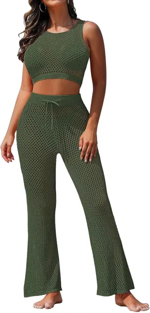 Pink Queen Women's Swimsuit Cover Up Set 2 Pieces Crochet Sleeveless Crop Top Wide Leg Long Pants Beach Coverups