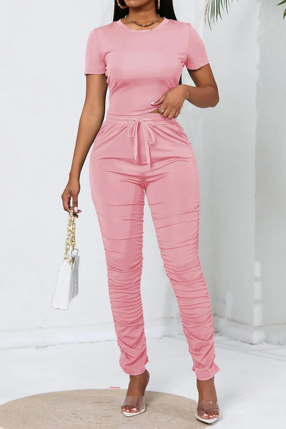 PINSV Women's 2 Piece Outfits Bodycon Lounge Wear Crop Top Stacked Pants Going Out Jogging Tracksuit Sets