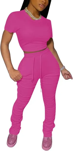 PINSV Women's 2 Piece Outfits Bodycon Lounge Wear Crop Top Stacked Pants Going Out Jogging Tracksuit Sets