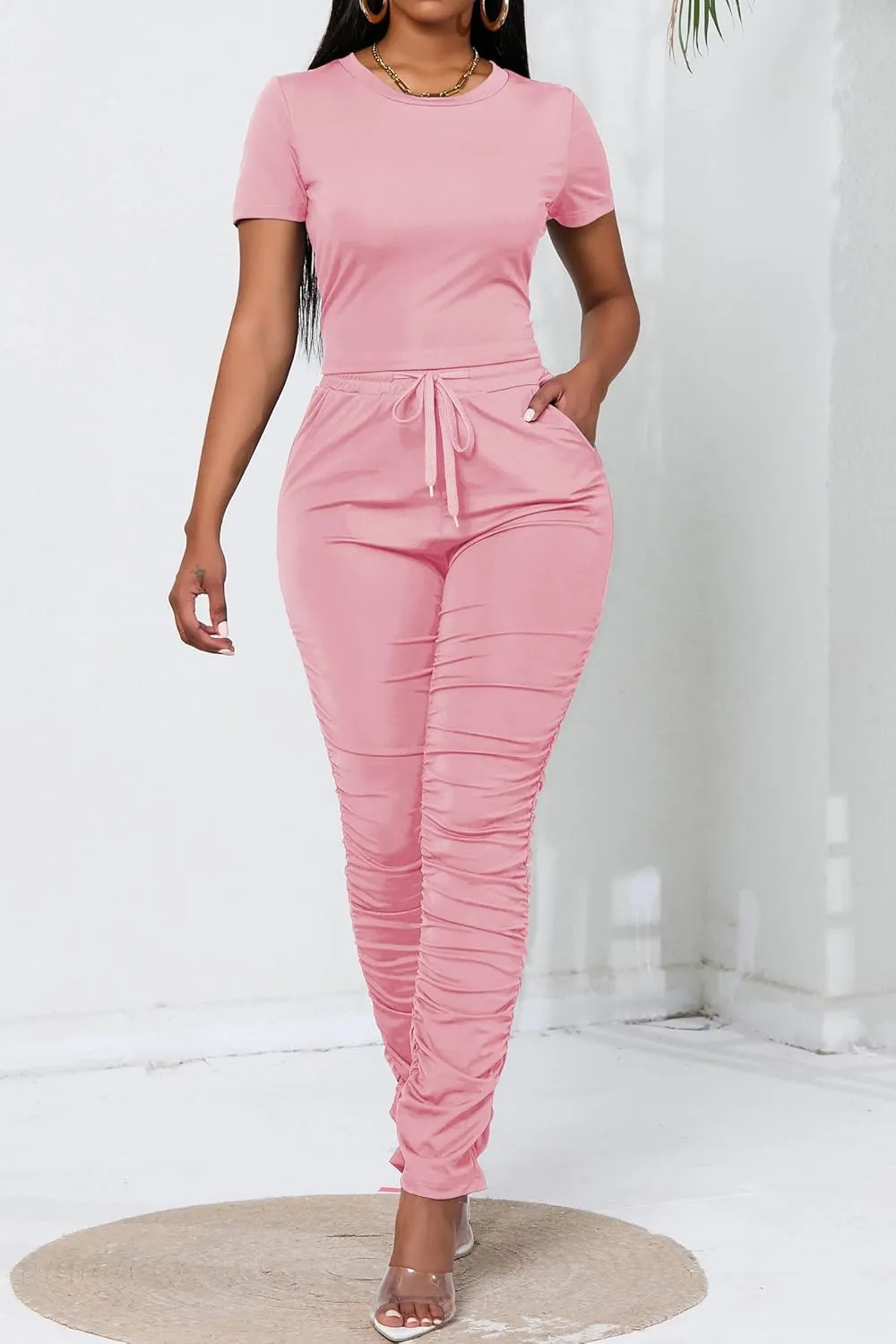 PINSV Women's 2 Piece Outfits Bodycon Lounge Wear Crop Top Stacked Pants Going Out Jogging Tracksuit Sets