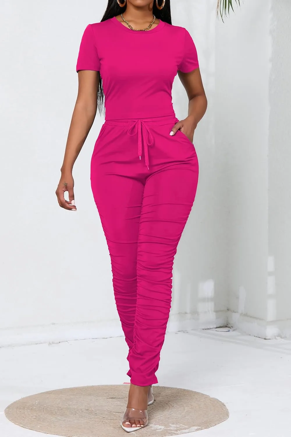 PINSV Women's 2 Piece Outfits Bodycon Lounge Wear Crop Top Stacked Pants Going Out Jogging Tracksuit Sets