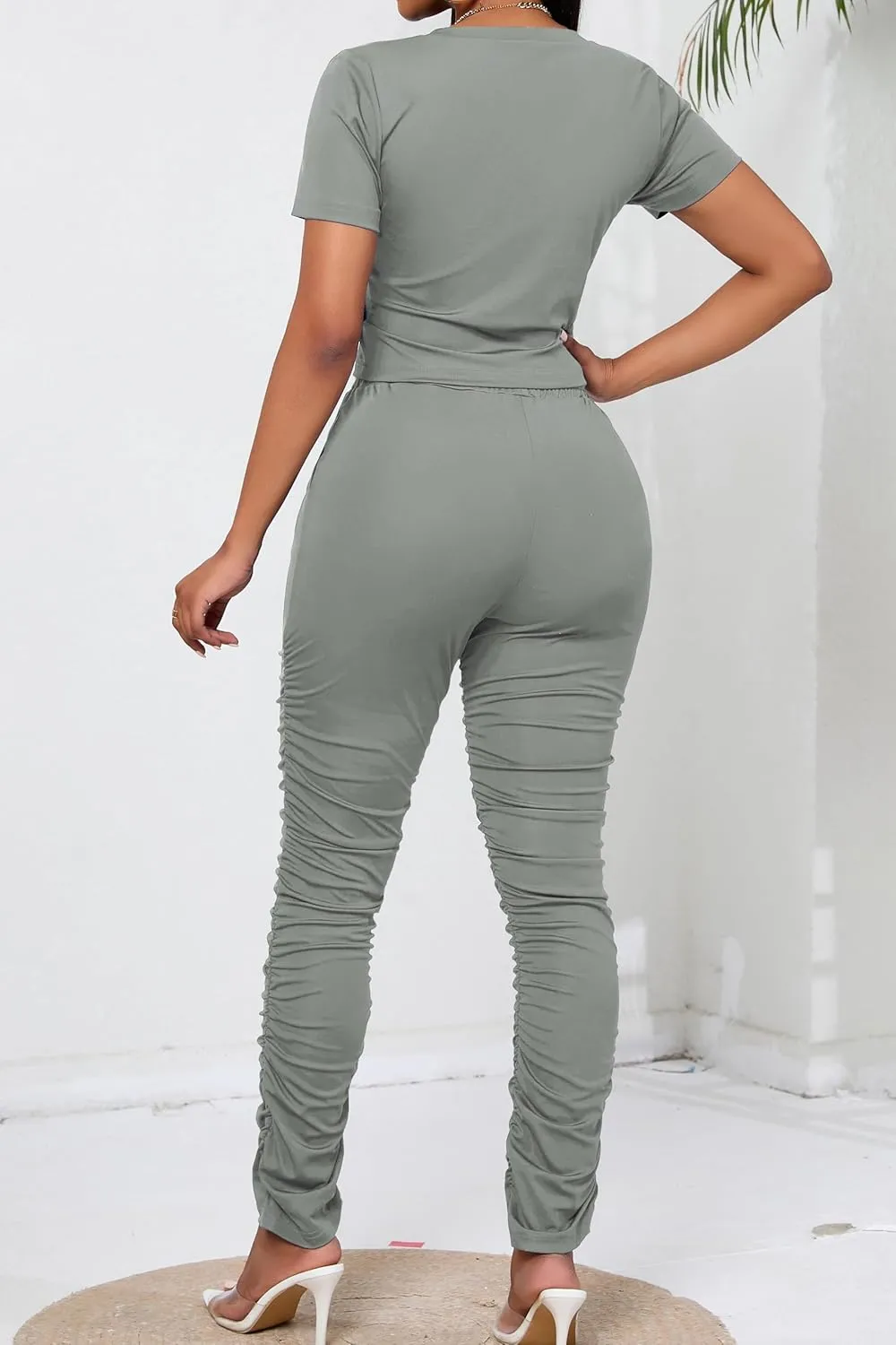 PINSV Women's 2 Piece Outfits Bodycon Lounge Wear Crop Top Stacked Pants Going Out Jogging Tracksuit Sets