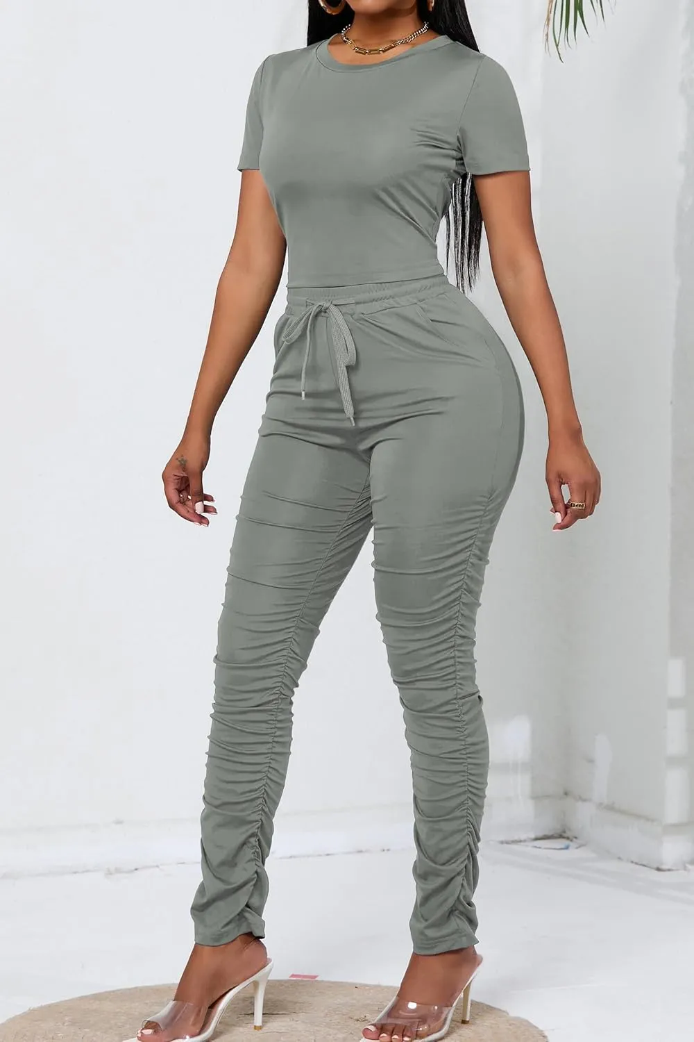 PINSV Women's 2 Piece Outfits Bodycon Lounge Wear Crop Top Stacked Pants Going Out Jogging Tracksuit Sets