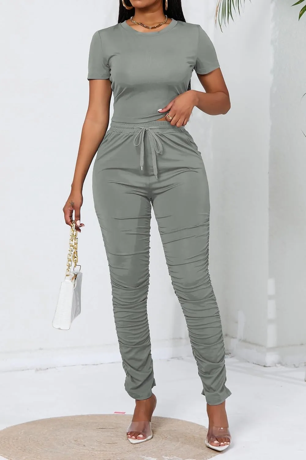 PINSV Women's 2 Piece Outfits Bodycon Lounge Wear Crop Top Stacked Pants Going Out Jogging Tracksuit Sets