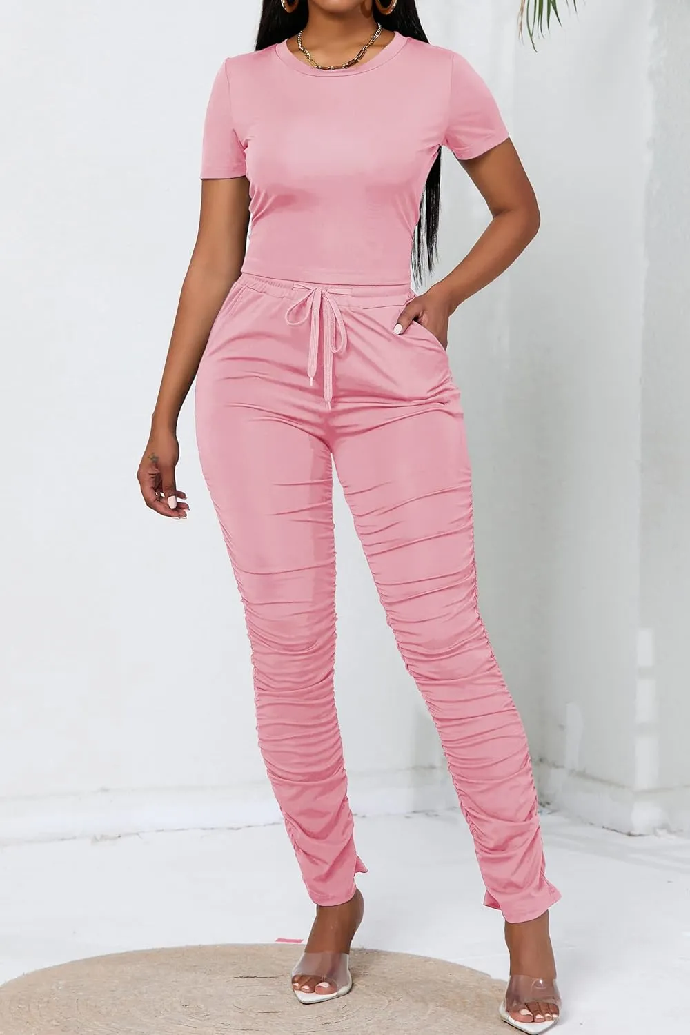 PINSV Women's 2 Piece Outfits Bodycon Lounge Wear Crop Top Stacked Pants Going Out Jogging Tracksuit Sets