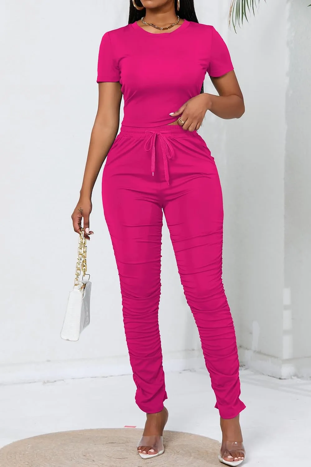 PINSV Women's 2 Piece Outfits Bodycon Lounge Wear Crop Top Stacked Pants Going Out Jogging Tracksuit Sets