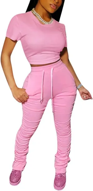 PINSV Women's 2 Piece Outfits Bodycon Lounge Wear Crop Top Stacked Pants Going Out Jogging Tracksuit Sets