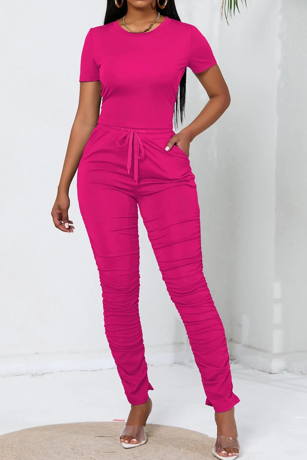 PINSV Women's 2 Piece Outfits Bodycon Lounge Wear Crop Top Stacked Pants Going Out Jogging Tracksuit Sets