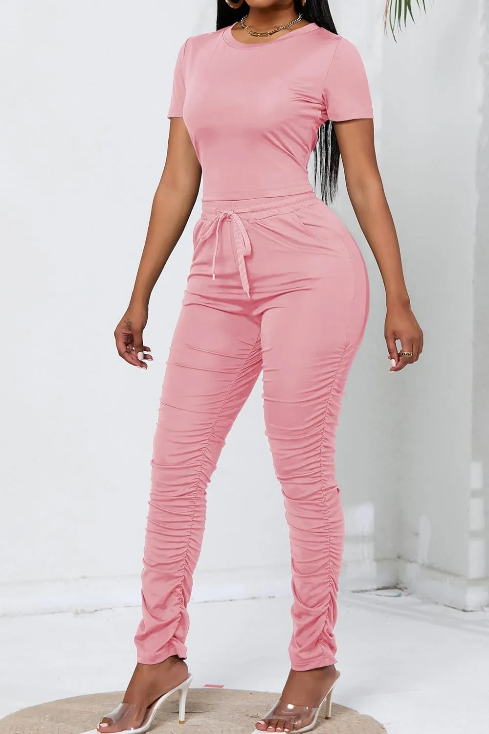 PINSV Women's 2 Piece Outfits Bodycon Lounge Wear Crop Top Stacked Pants Going Out Jogging Tracksuit Sets