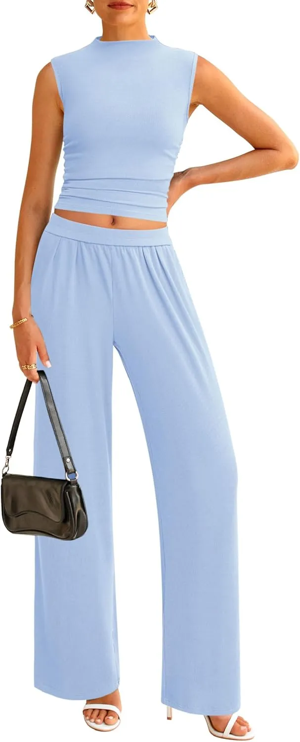 PRETTYGARDEN 2 Piece Sets for Women Summer 2025 Airport Travel Outfits Crop Tank Tops Wide Leg Pants Matching Lounge Sets