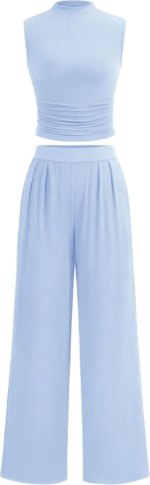 PRETTYGARDEN 2 Piece Sets for Women Summer 2025 Airport Travel Outfits Crop Tank Tops Wide Leg Pants Matching Lounge Sets