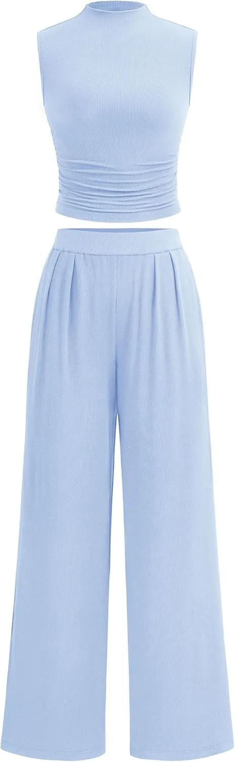 PRETTYGARDEN 2 Piece Sets for Women Summer 2025 Airport Travel Outfits Crop Tank Tops Wide Leg Pants Matching Lounge Sets