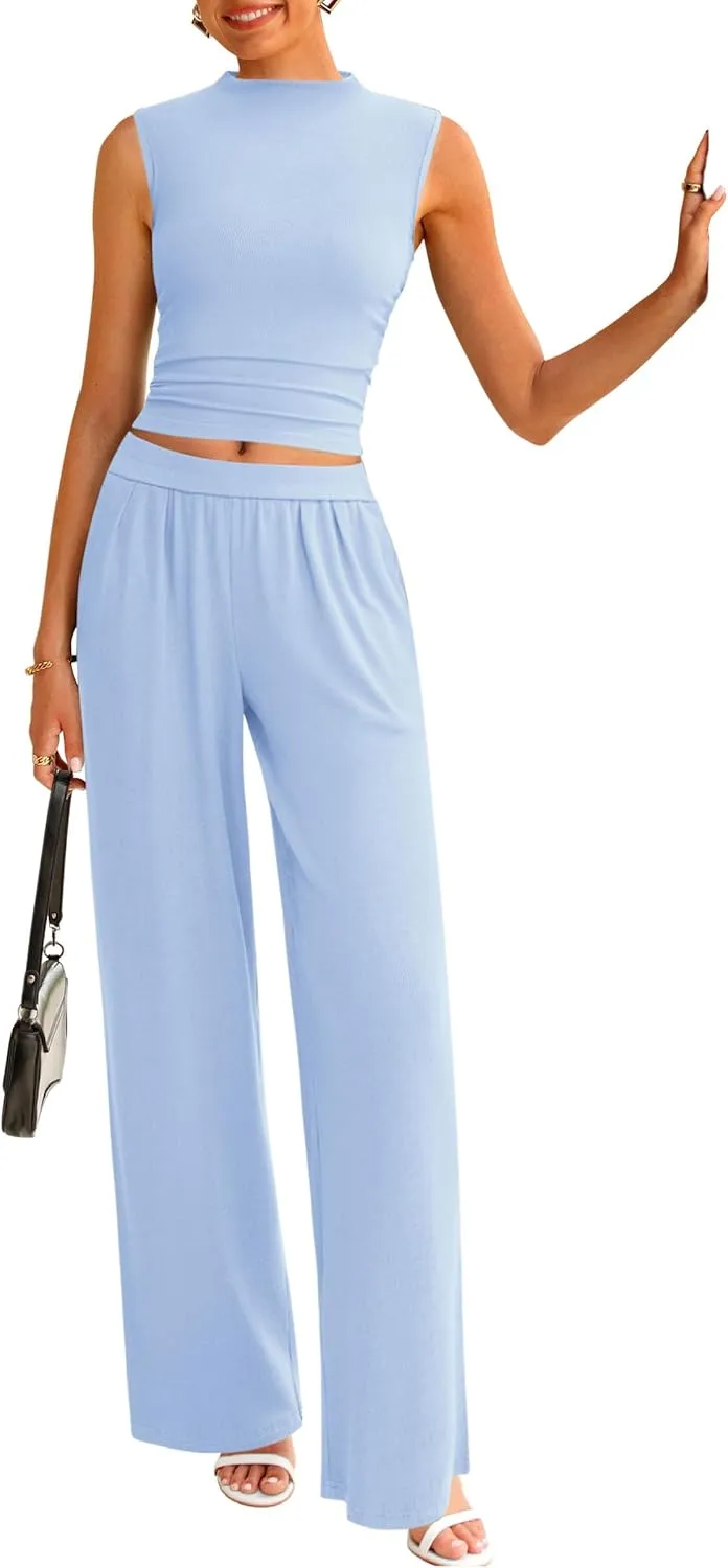 PRETTYGARDEN 2 Piece Sets for Women Summer 2025 Airport Travel Outfits Crop Tank Tops Wide Leg Pants Matching Lounge Sets